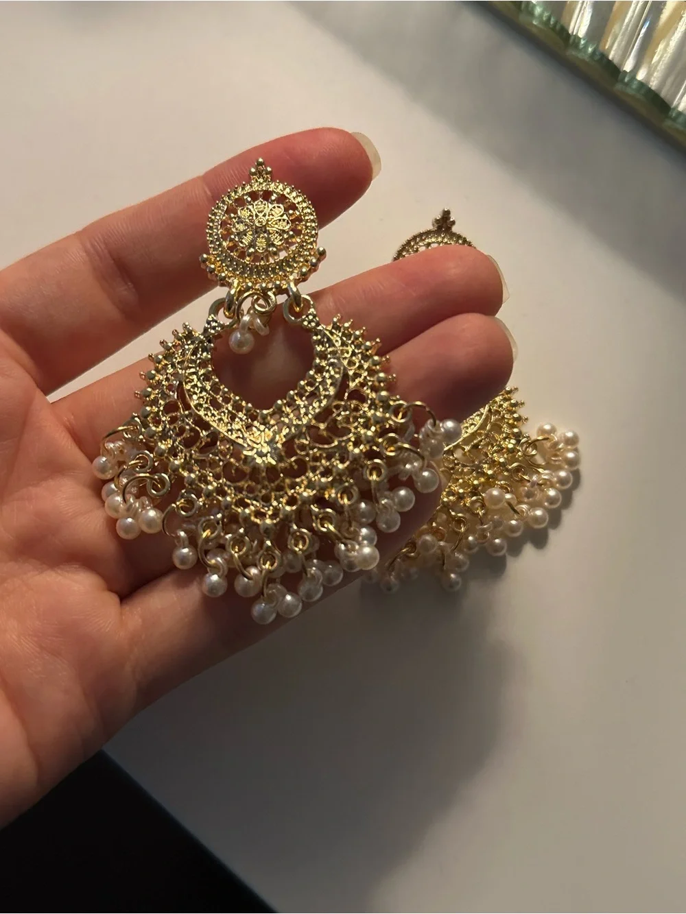 Gold Chandbali Earrings with Pearl Fringe - Picture 3 of 5